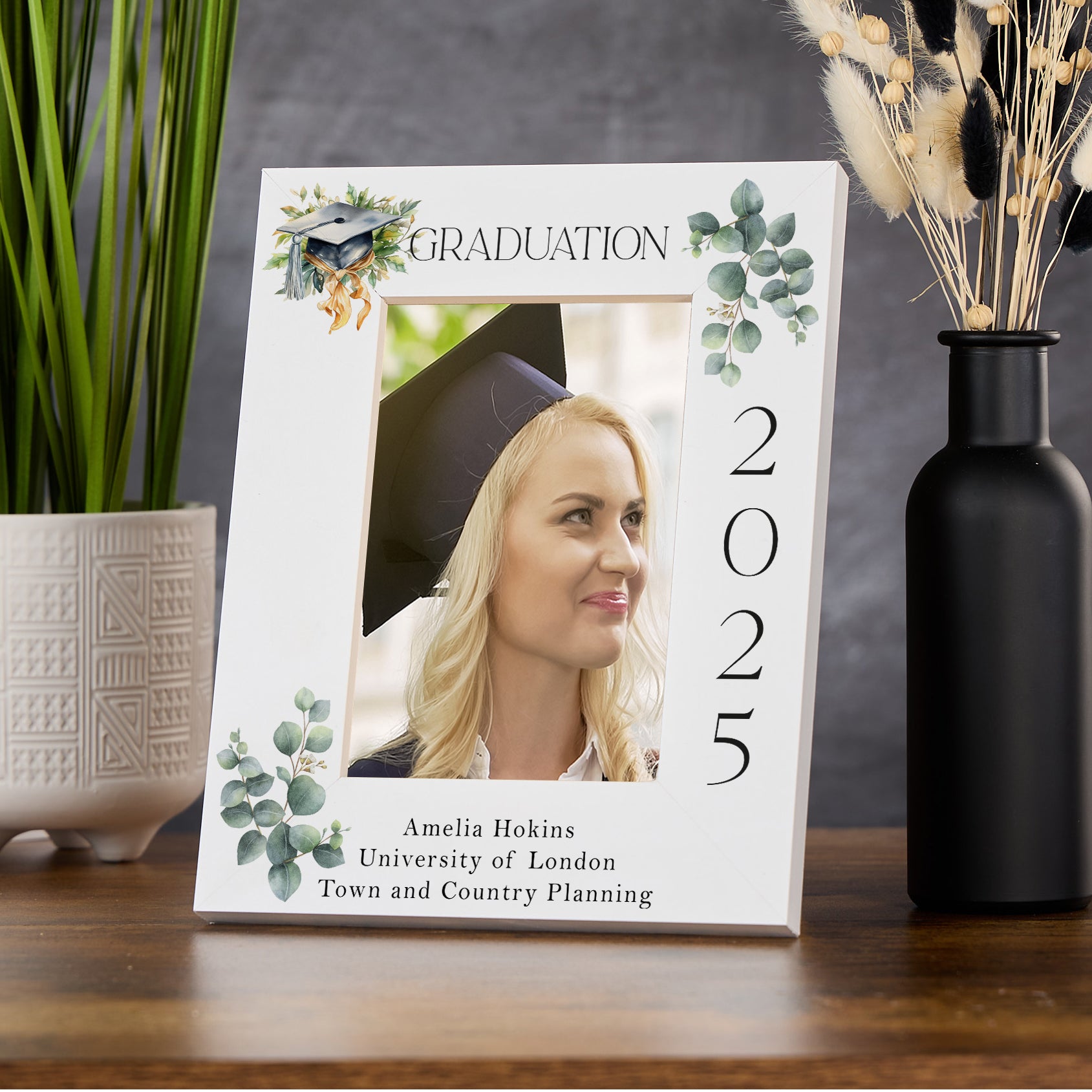 Personalised Graduation White Wooden Photo Frame With Green Elements