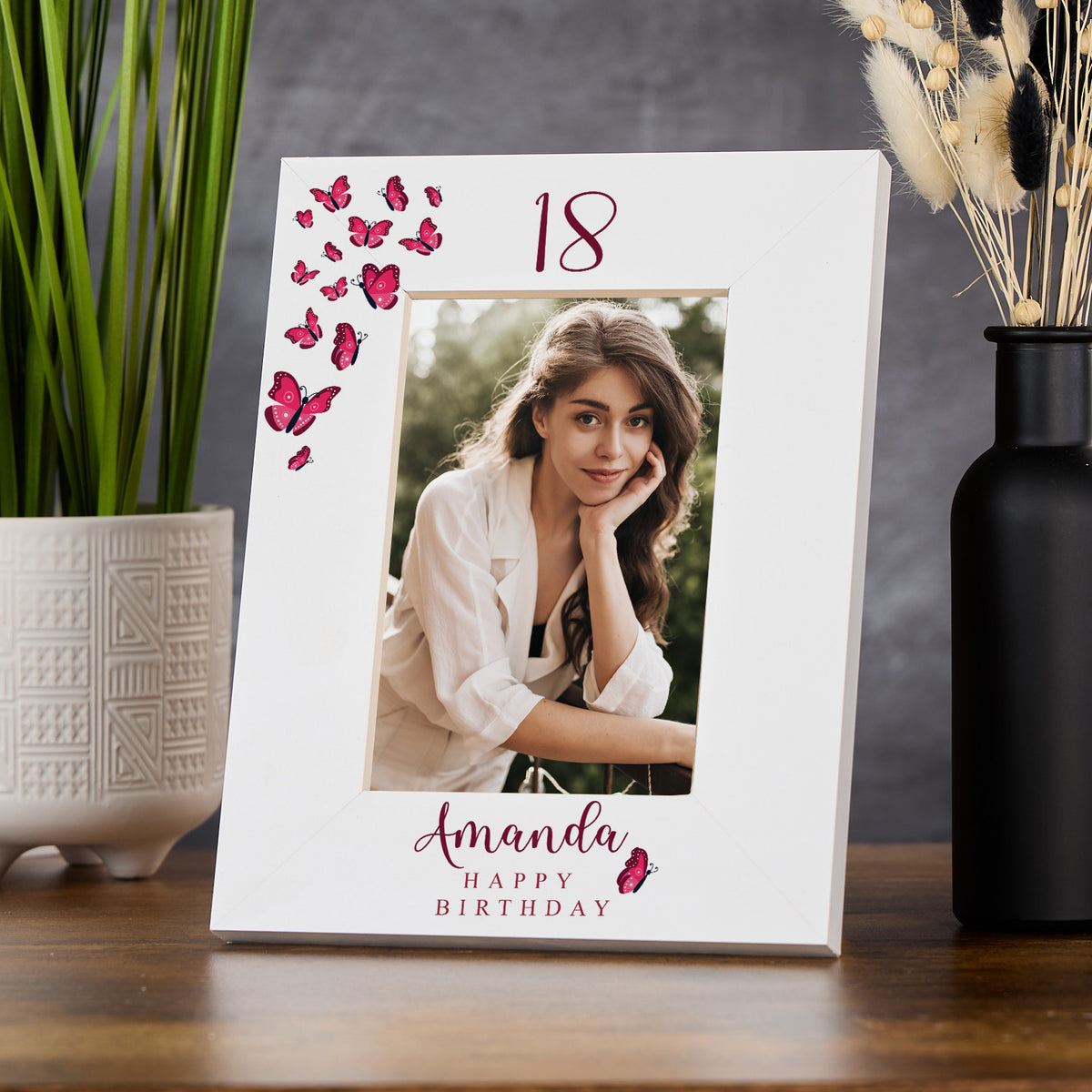 Personalised Any age Birthday White Photo Frame Gift With Butterflies 16th, 18th, 21st, 30th, 40th, 50th, 60th, 70th, 80th