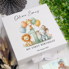 Personalised 1st Birthday Keepsake Memory Box Gift With Jungle Animals Photo Frame ukgiftstoreonline Ribbon Box Medium Green
