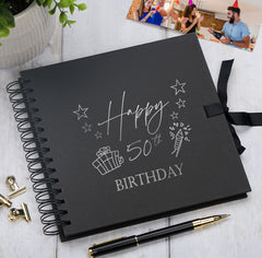 50th Birthday Present Black Scrapbook, Guest Book, Photo Album Silver Script