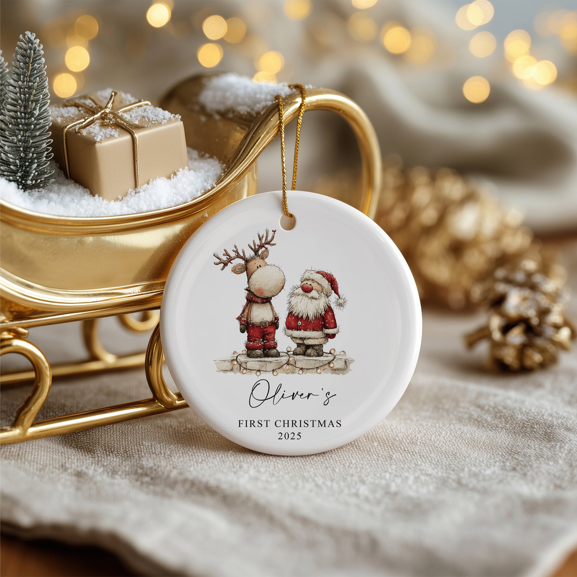 Personalised Baby's First Christmas Ornament With Santa and Reindeer Design