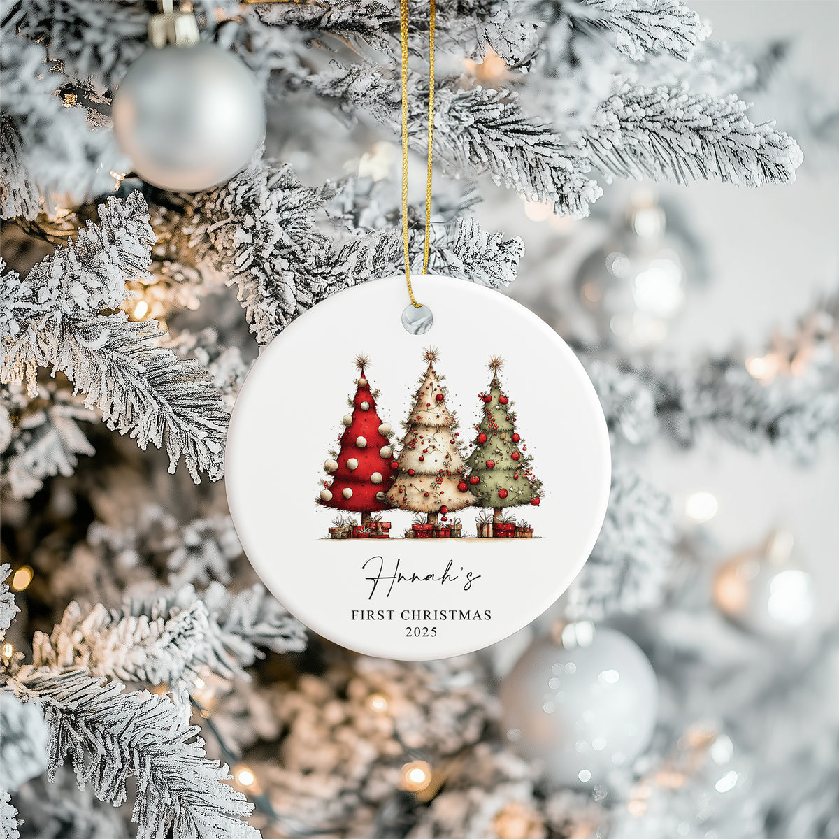 Personalised Baby's First Christmas Ornament With colourful Trees