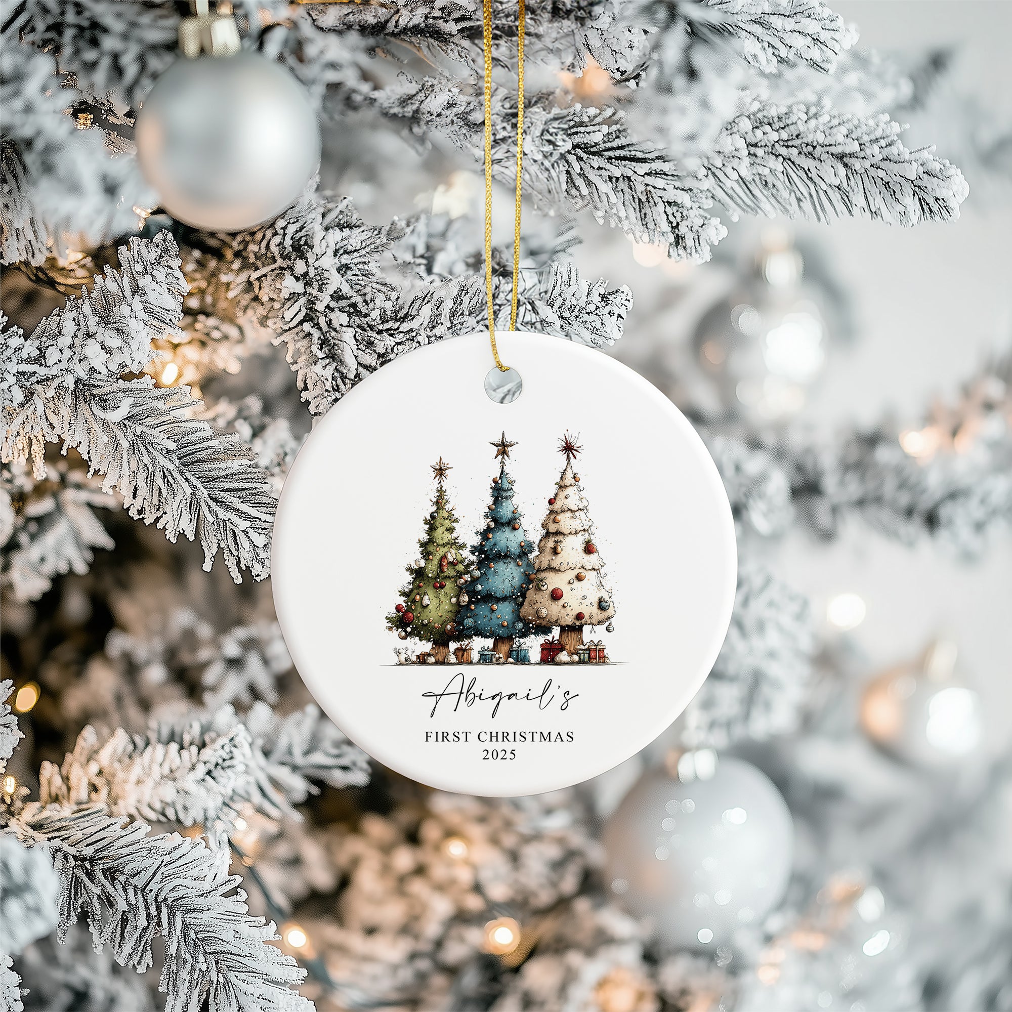Personalised Baby's First Christmas Ornament With colourful Trees
