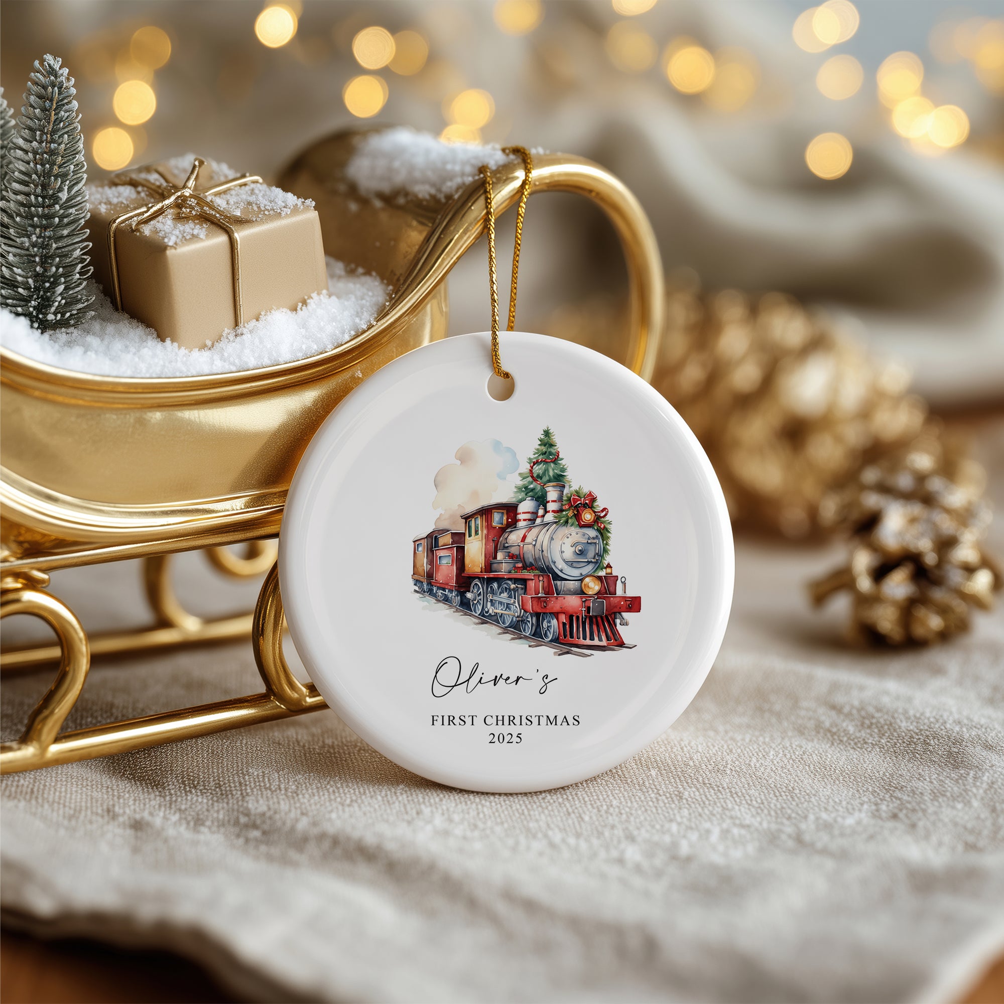 Personalised Baby's First Christmas Ornament With Winter Locomotives