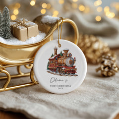 Personalised Baby's First Christmas Ornament With Winter Locomotives