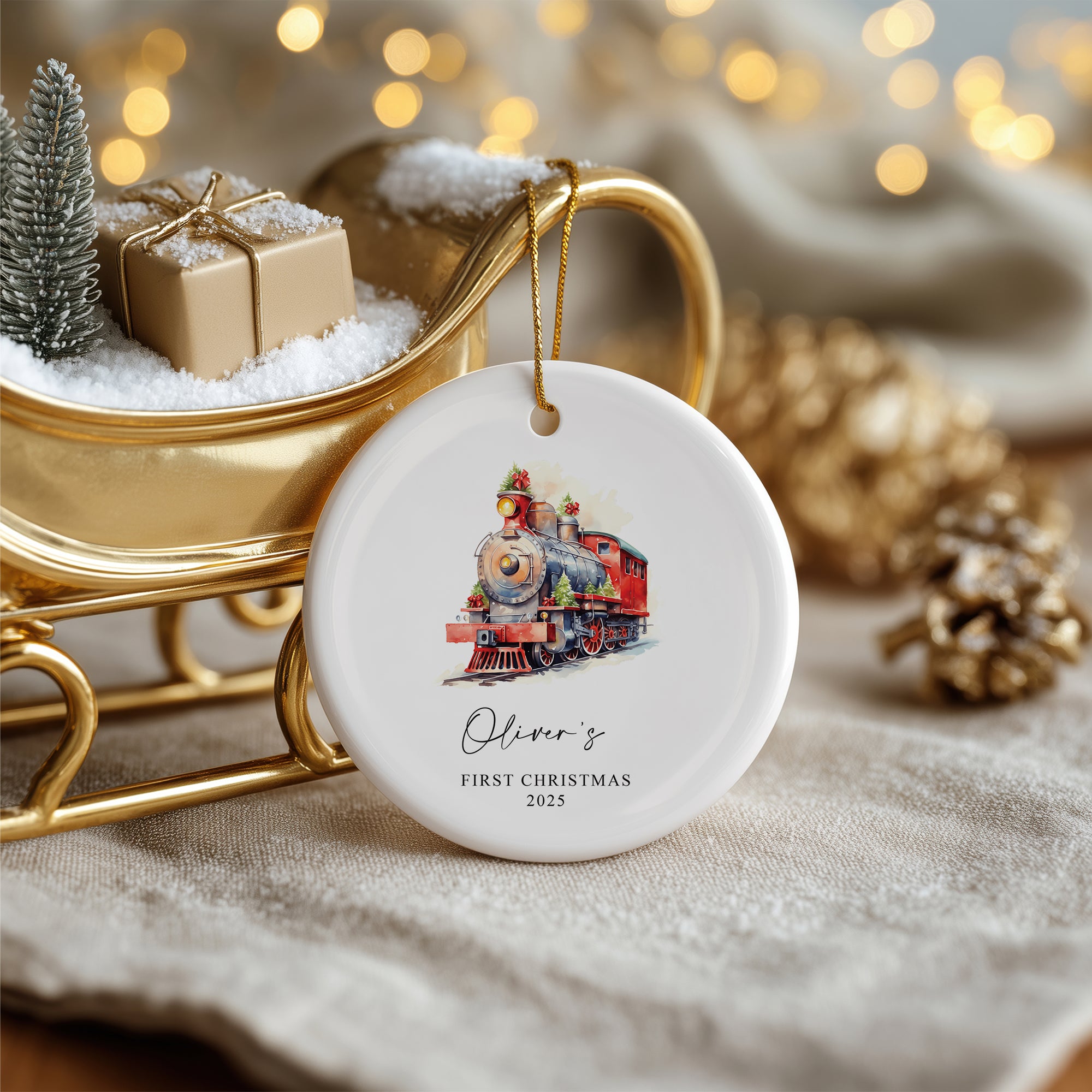 Personalised Baby's First Christmas Ornament With Winter Locomotives