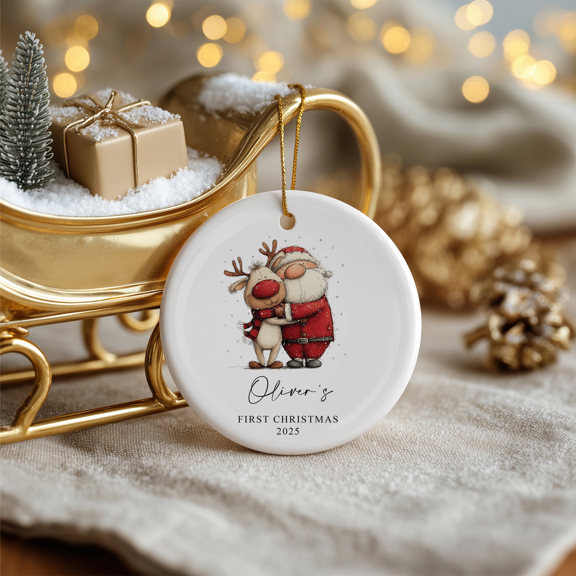 Personalised Baby's First Christmas Ornament With Santa and Reindeer Design