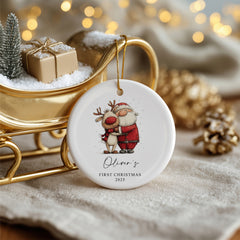 Personalised Baby's First Christmas Ornament With Santa and Reindeer Design