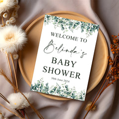 Personalised Baby Shower Celebration Table Sign Eucalyptus Leaves