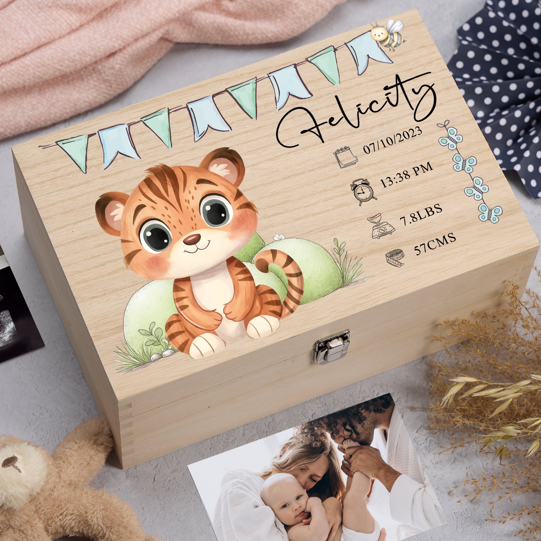 Personalised Wooden Baby Memory Keepsake Box With Cute Animals