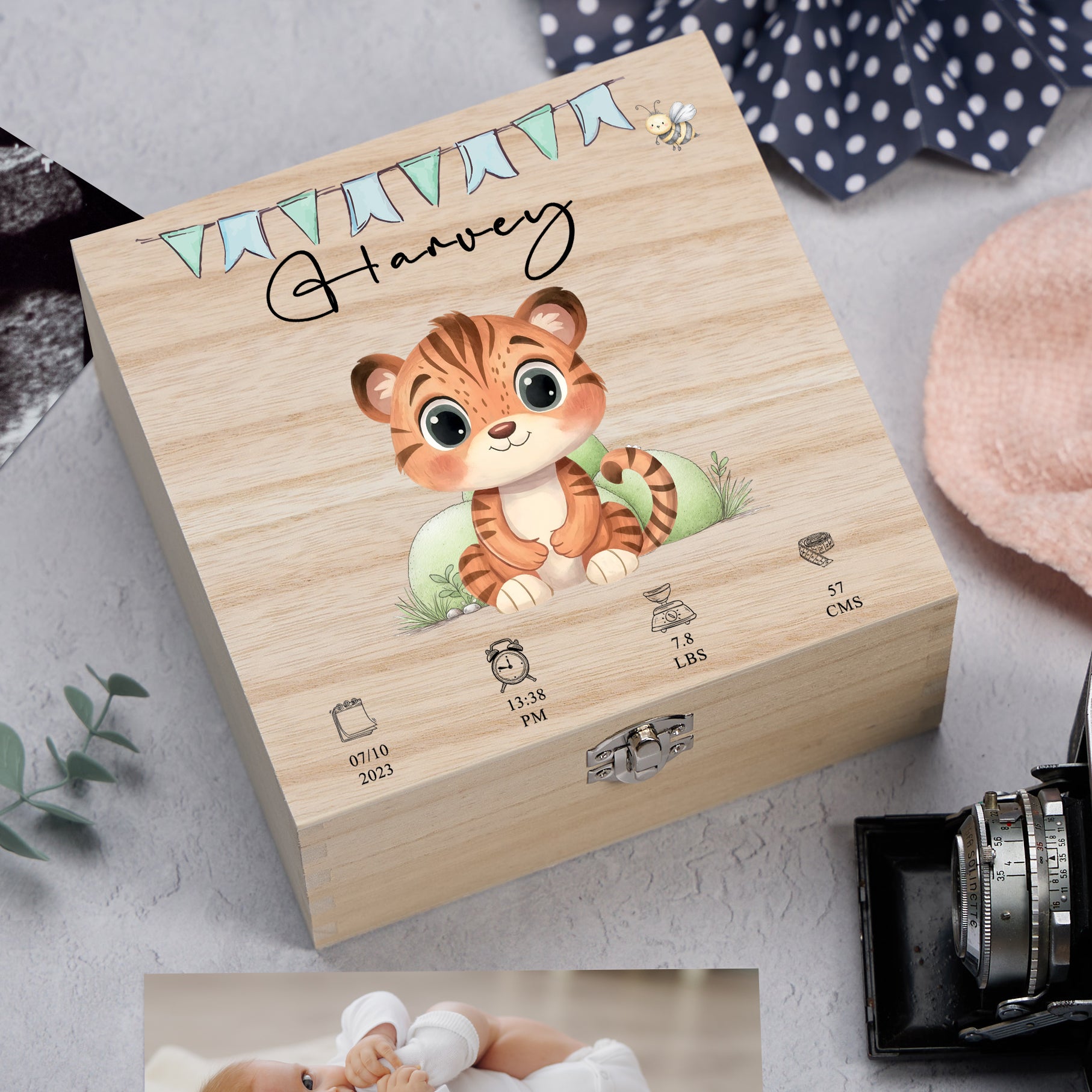 Personalised Wooden Baby Memory Keepsake Box With Cute Animals