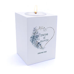 Personalised Wedding Tea Light Gift with Blue Tropical Palm Heart