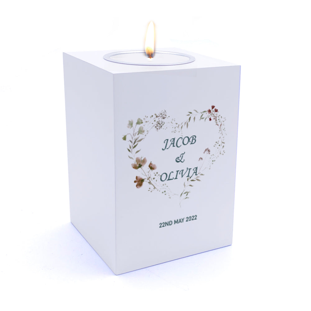 Personalised Wedding Tea Light Gift with Watercolour Floral Heart