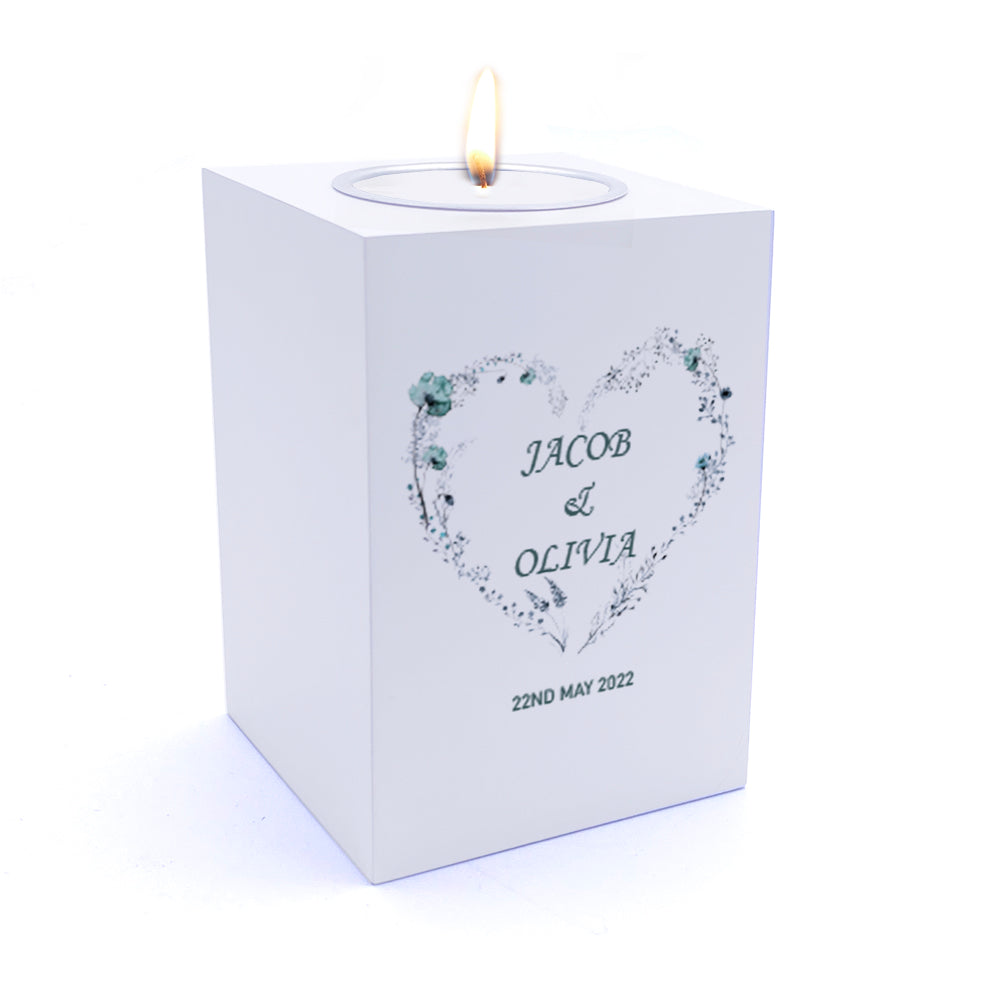 Personalised Wedding Tea Light Gift with Blue Floral Heart
