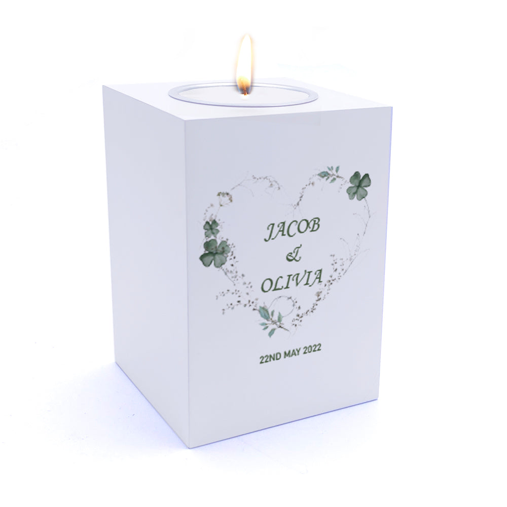 Personalised Wedding Tea Light Gift with Green Clover Leaf Heart