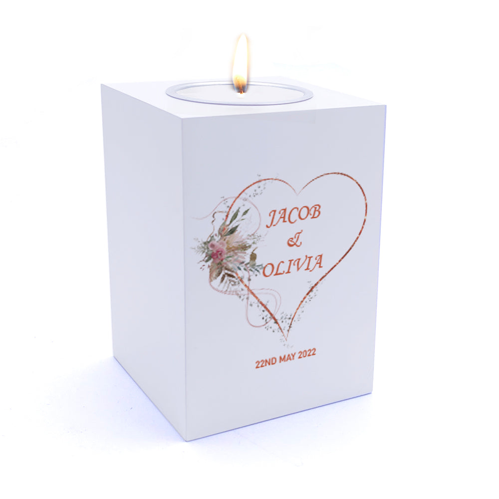 Personalised Wedding Tea Light Gift with Rose Gold Floral Heart