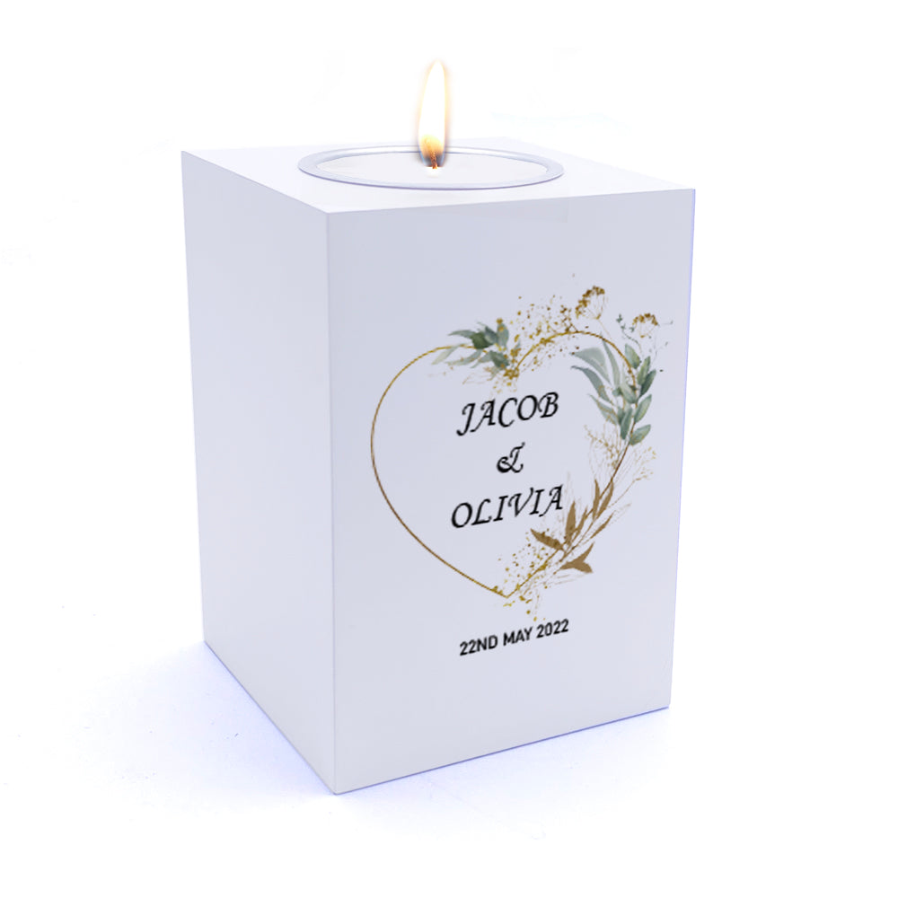 Personalised Wedding Tea Light Gift with Gold Green Leaf Heart