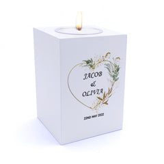 Personalised Wedding Tea Light Gift with Gold Green Leaf Heart