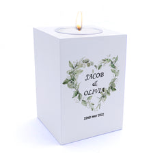 Personalised Wedding Tea Light Gift with Green Floral Heart