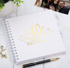 40th Birthday White Scrapbook, Guest Book Or Photo Album with Gold Script