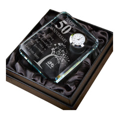 Personalised Crystal Glass Clock Gift for 50th Wedding Anniversary Boxed