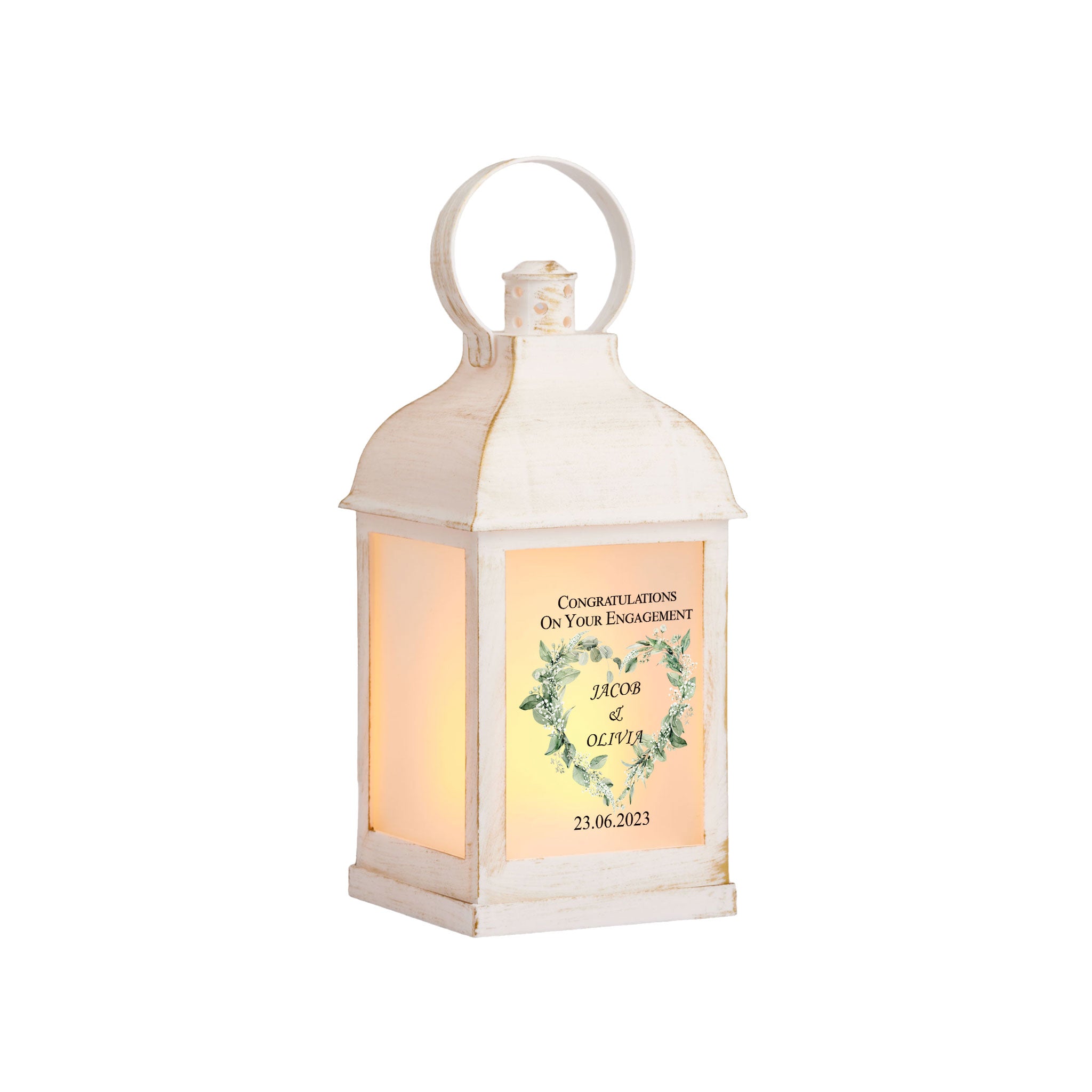 Personalised Engagement Lamp Lantern Night Light Gift Green Floral Heart