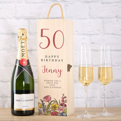 Personalised Wooden Wine or Champagne Box Gift For Her 50th Birthday