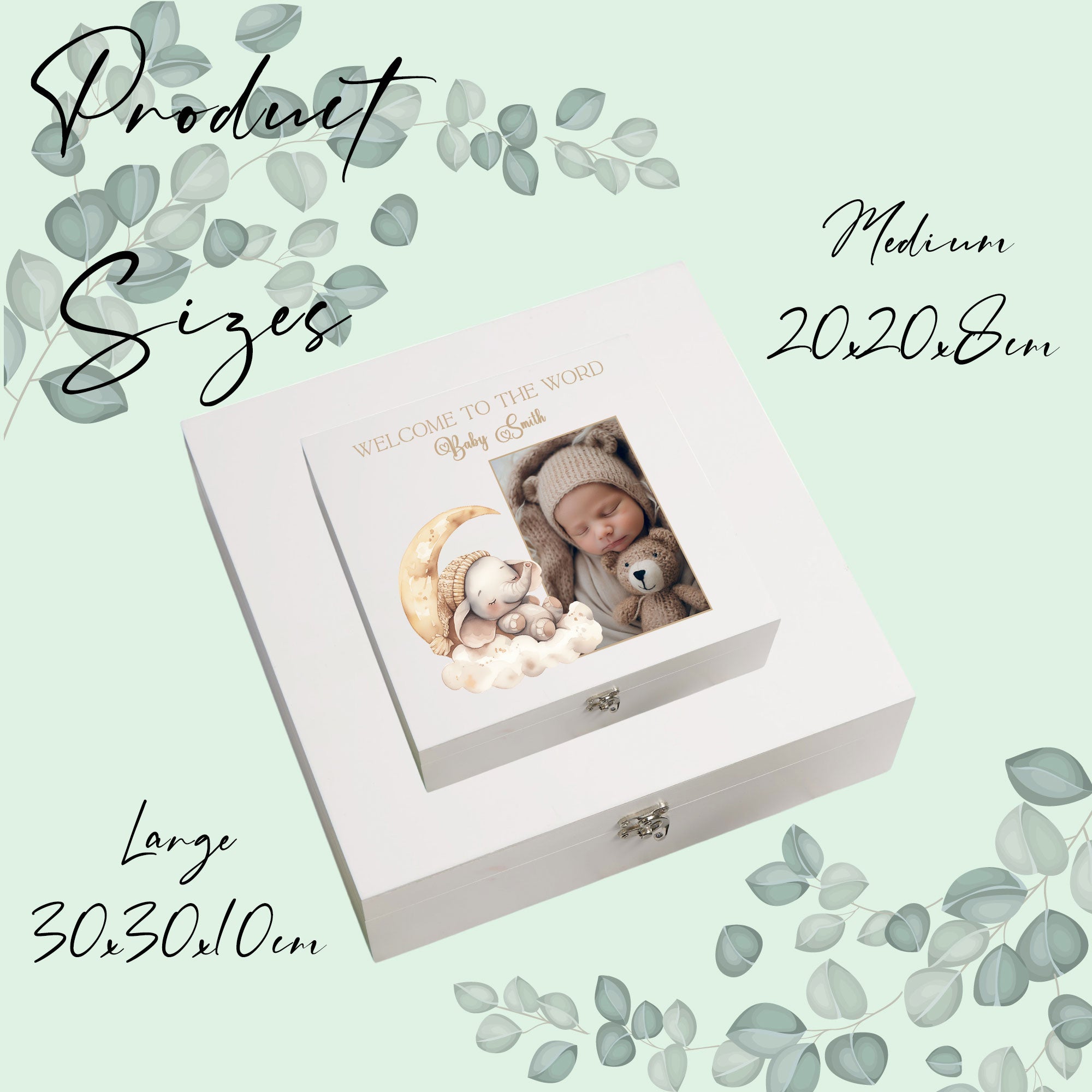 Personalised White Baby Memory Box, Cute Sleeping Animal Design, Keepsake For Special and Favourite Mementos