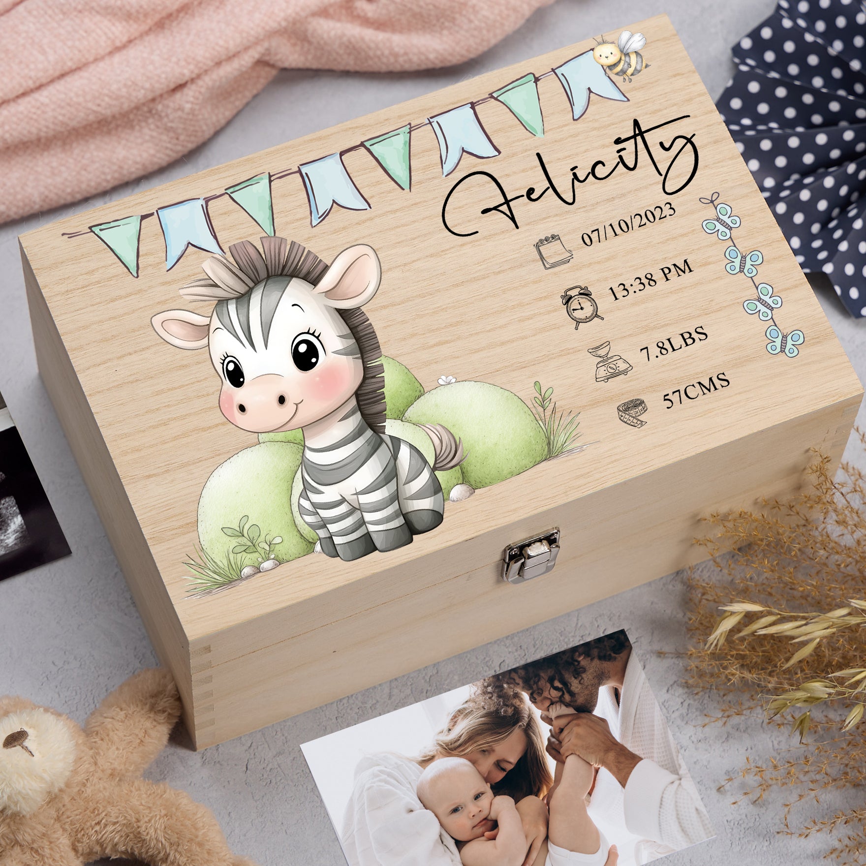 Personalised Wooden Baby Memory Keepsake Box With Cute Animals