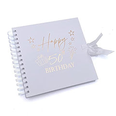 50th Birthday Present White Scrapbook, Guest Book, Photo Album Rose Gold Script