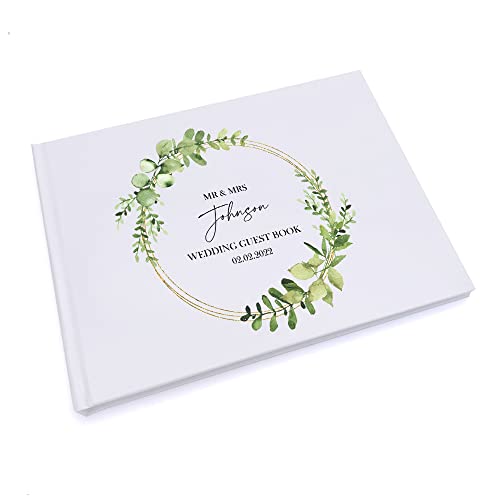 Personalised Wedding Guest Book Eucalyptus and Gold Wreath