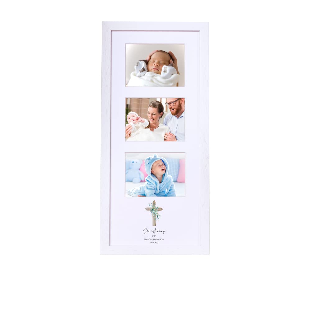 Personalised Christening Triple Photo Frame With Natural Cross