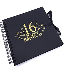 16th Birthday Black Scrapbook, Guest Book Or Photo Album with Gold Script - ukgiftstoreonline