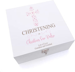 ukgiftstoreonline Personalised Christening Pink Ornate Cross Design Keepsake Wooden Box
