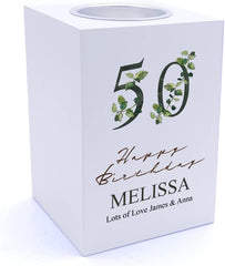 Personalised 50th Birthday Green Leaf Design Gift Tea Light Holder