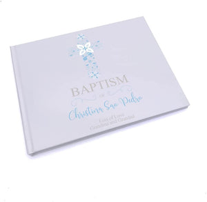 Personalised Baptism Blue Ornate Cross Design Guest Book