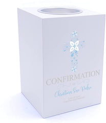Personalised Confirmation Blue Ornate Cross Design Tea Light Holder