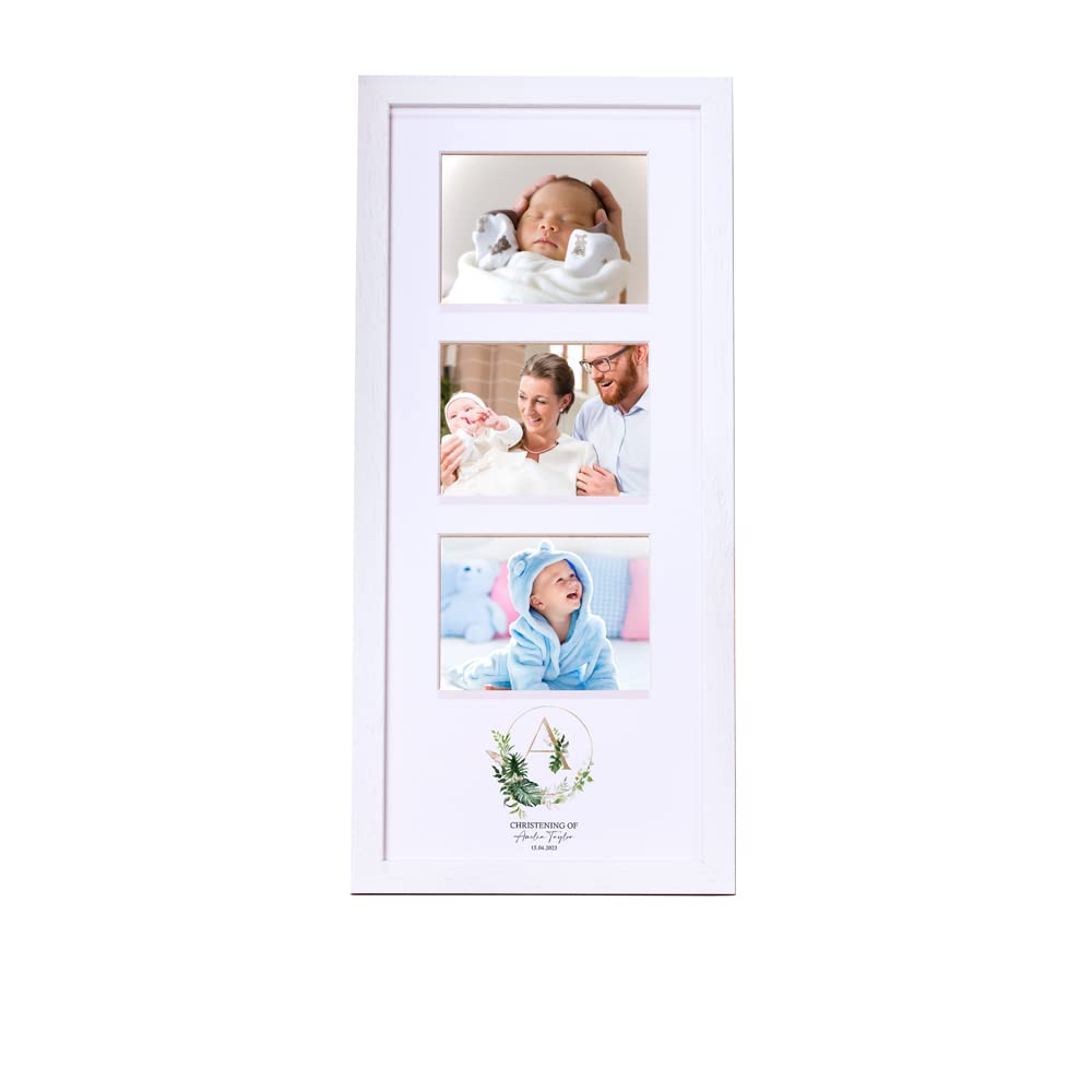 Personalised Christening Triple Photo Frame With Natural Leaves