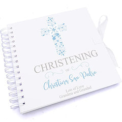 Personalised Christening Blue Ornate Cross Design Scrapbook Photo Album