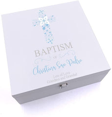 ukgiftstoreonline Personalised Baptism Blue Ornate Cross Keepsake Wooden Box