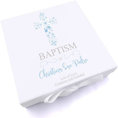 ukgiftstoreonline Personalised Baptism Blue Ornate Cross Design Keepsake Memory Box