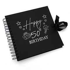 50th Birthday Present Black Scrapbook, Guest Book, Photo Album Silver Script
