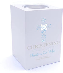 Personalised Christening Blue Ornate Cross Design Tea Light Holder