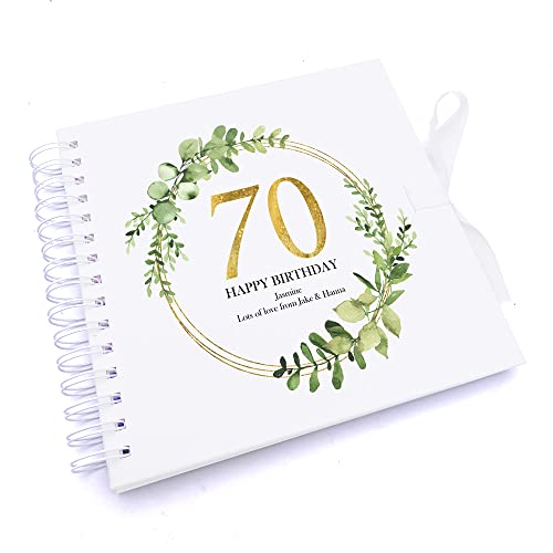 Personalised 70th Birthday Gift for her Scrapbook Photo Album Gold Wreath