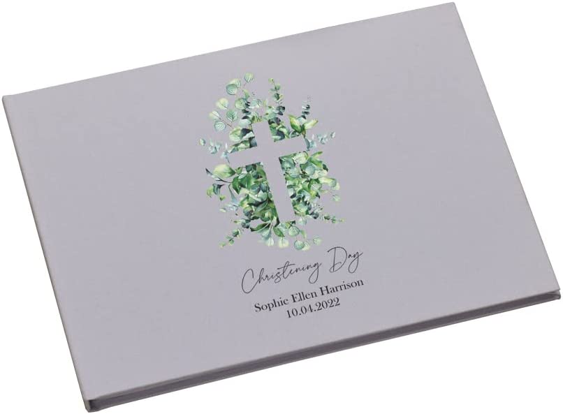 Personalised Linen Christening Guest Book Printed With Cross and Leaves