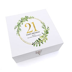 ukgiftstoreonline Personalised 21st Birthday Gift for her Keepsake Wooden Box Gold Wreath Design