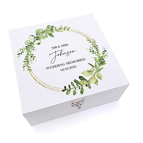 ukgiftstoreonline Personalised Wedding Keepsake Memory Wooden Box Eucalyptus & Gold Wreath