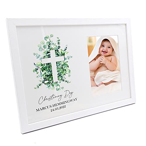 Personalised Christening Day White Photo Frame Gift With Cross