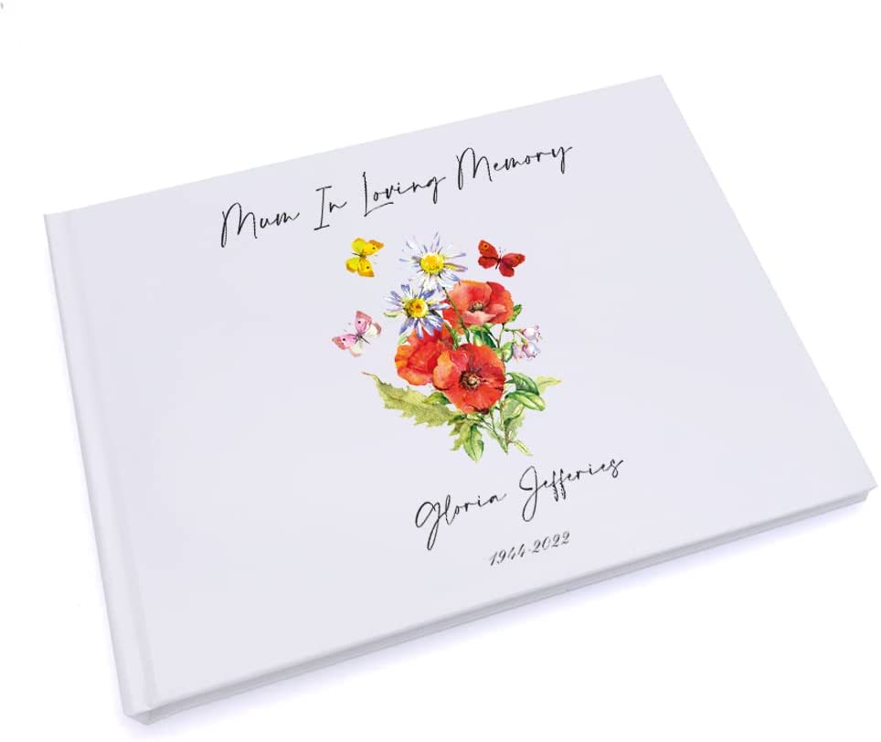 Personalised Mum Memorial Funeral Guest Book With Flowers and Butterflies