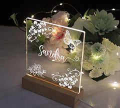 Personalised Night Light LED Lamp Gift Any Name and Floral Design